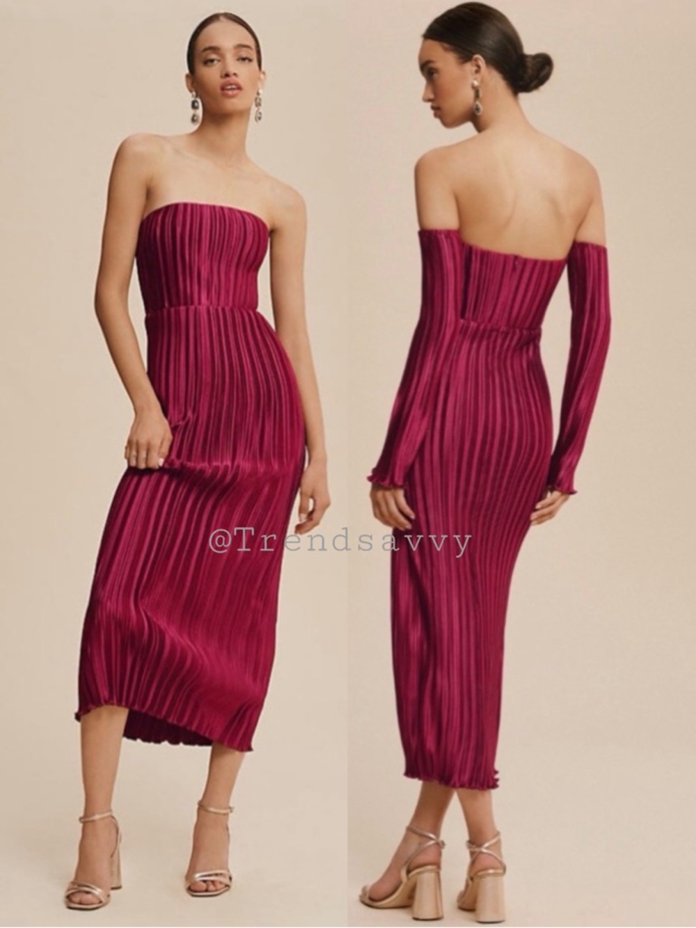Anthropologie L’IDEE Gatsby Red Pleated Strapless Midi Dress Large Cocktail Gala